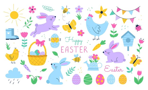 Feliz concepto abstracto de Pascua Conjunto colorido de pegatinas con conejos pintados huevos flores mariposas guirnaldas y canasta tarjeta de felicitación Colección de vectores planos de dibujos animados aislados sobre fondo blanco
