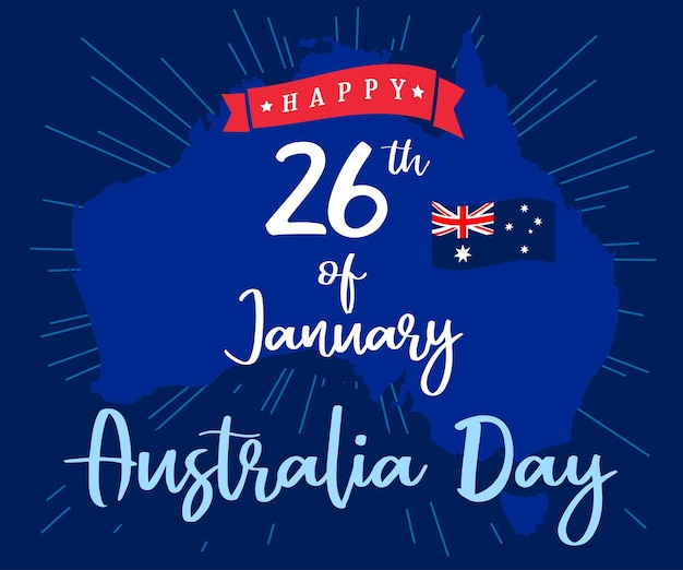 Feliz concepto de banner de vacaciones del Día de Australia. 26 de enero saludos. Elemento aislado del mapa australiano.