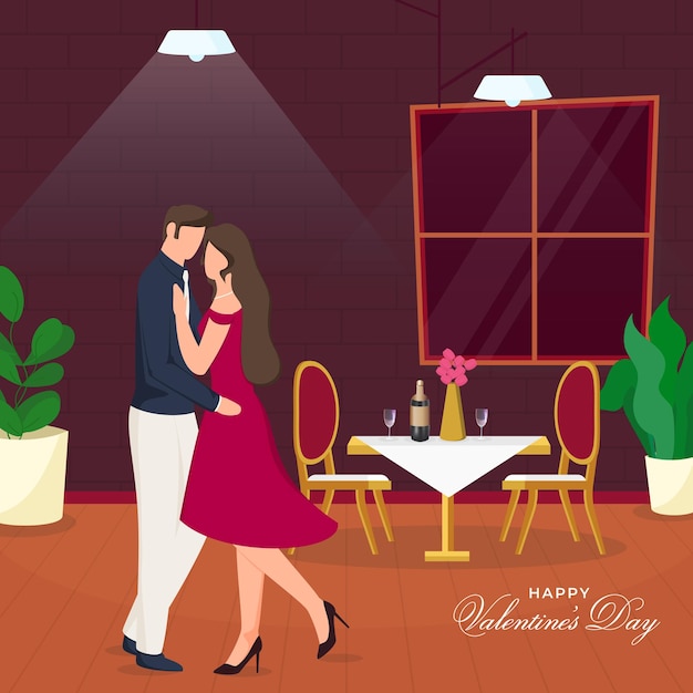 Feliz concepto de celebración del Día de San Valentín con ilustración de una pareja joven de dibujos animados bailando juntos en una cita romántica