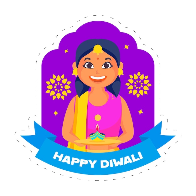 Feliz concepto de celebración de Diwali con una chica alegre sosteniendo una lámpara de aceite encendida Diya sobre fondo morado y blanco