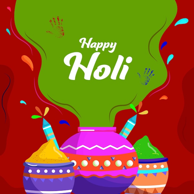 Feliz concepto de celebración de Holi con ollas de arcilla llenas de color polvo Gulal y armas de agua Pichkari en fondo verde y rojo