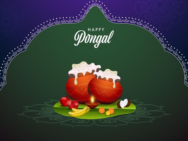 Feliz concepto de celebración de Pongal con ollas de barro llenas de platos tradicionales Pongal arroz iluminado con aceite lámpara Diya fruta en hoja de plátano en fondo verde y púrpura