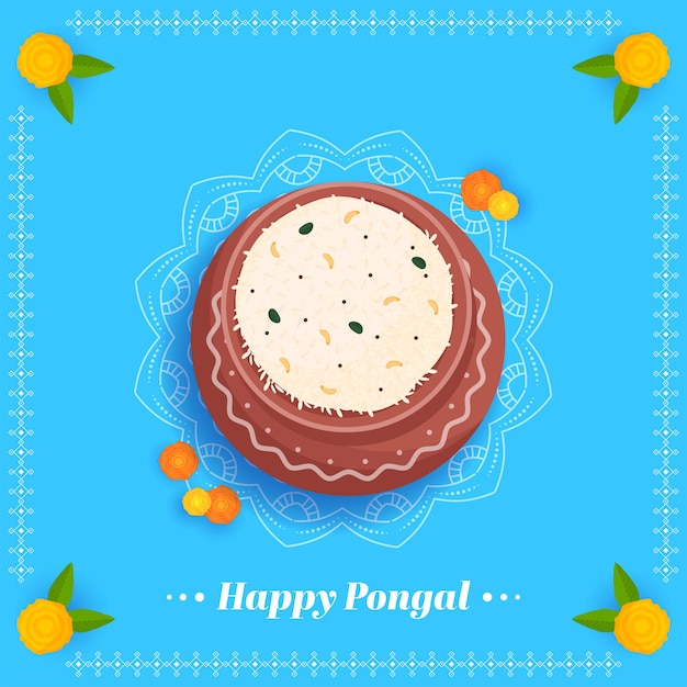 Feliz concepto de celebración de Pongal con vista superior de arroz Pongali en olla de barro y flor de caléndula sobre fondo de mandala azul