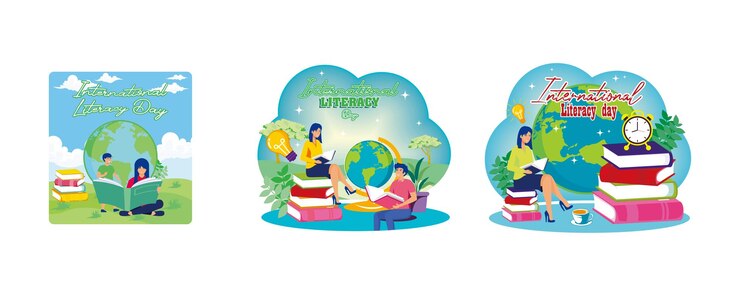 Vector feliz concepto de día de la alfabetización día internacional de la alfabetización el 8 de septiembre libros y equipos educativos en la educación feriado set de ilustración vectorial plana
