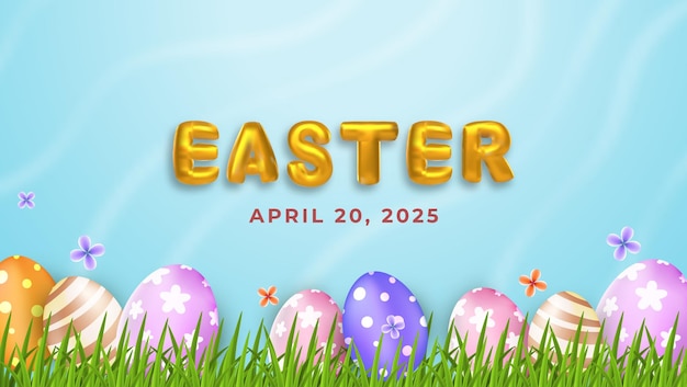 Feliz concepto de día de Pascua con estilo de dibujos animados en 3D con huevos y flores