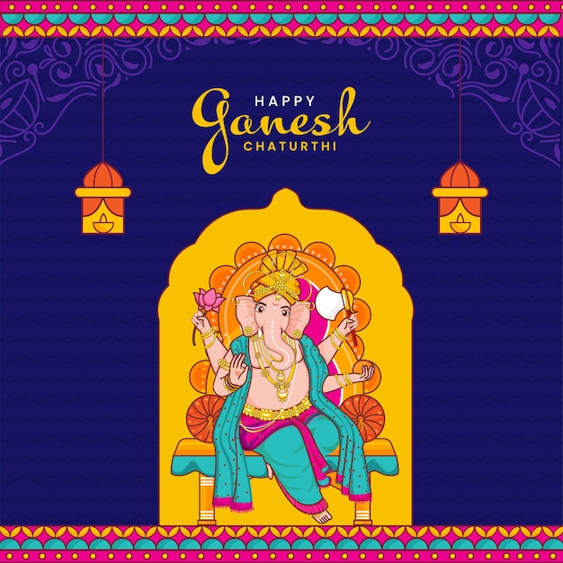 Feliz concepto de Ganesh Chaturthi con la escultura de Lord Ganesha sobre fondo azul.