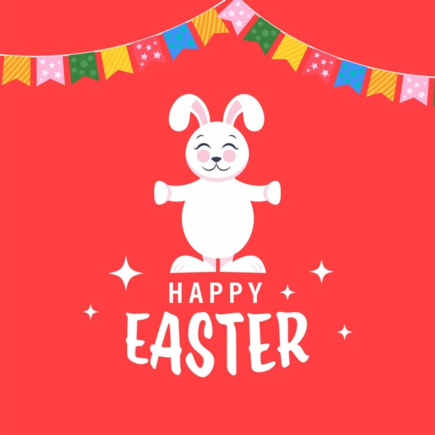 Feliz concepto de Pascua con conejito de dibujos animados de pie y coloridas banderas del empavesado sobre fondo rojo.