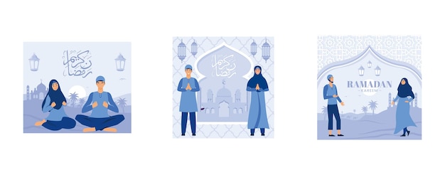 feliz concepto de saludo de ramadán mubarak con carácter de personas para plantilla de página de destino web, banner,