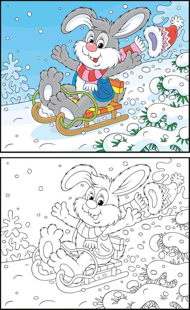 Feliz conejito gris trineo por una colina nevada en un bosque de invierno en dibujos animados de día helado