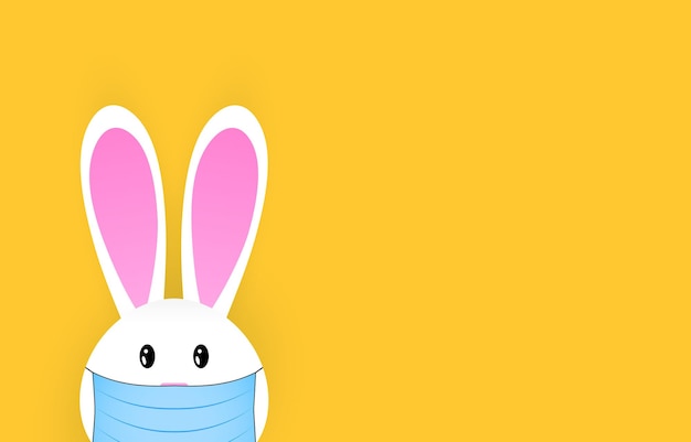 Feliz conejito de pascua blanco con máscara médica azul Plantilla de póster y pancarta con fondo amarillo y espacio de copia
