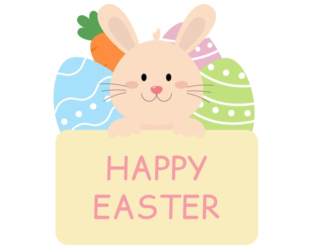 Feliz conejito de pascua con huevos y zanahoria tarjeta de felicitación de pascua