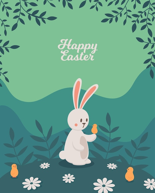 Feliz conejito de Pascua con un pollito