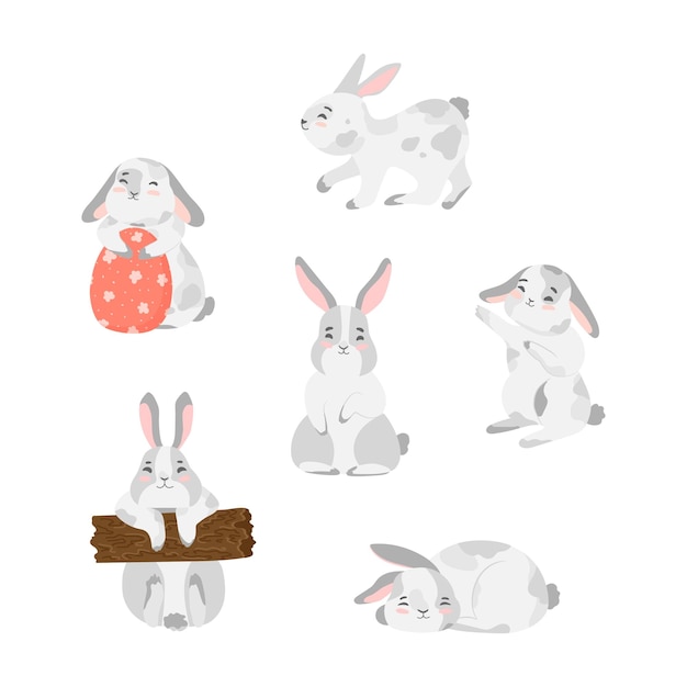 Feliz conejo de Pascua conjunto divertido conejos de Pascua liebres de dibujos animados vectoriales planos impresión de cartel de ilustración