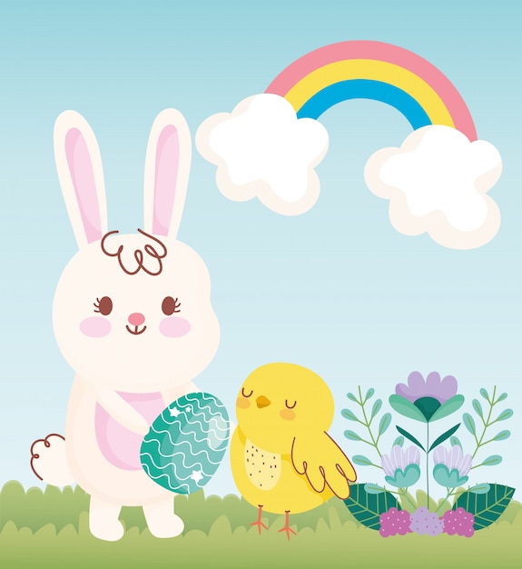 Vector feliz conejo de pascua con huevo pollo arco iris campo flores ilustración