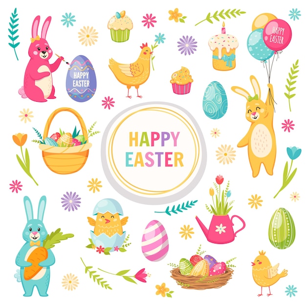 Feliz conjunto de dibujos animados de pascua con cesta de flores de liebre y huevos aislados ilustración vectorial