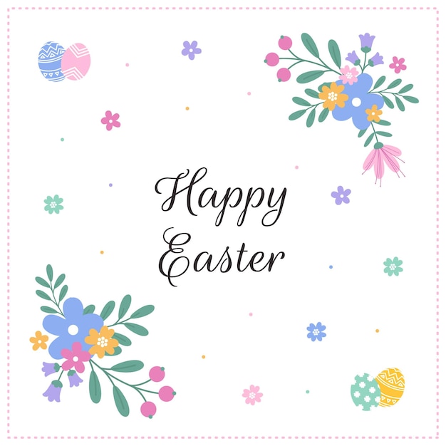 Feliz conjunto de Pascua con flores y huevos sobre un fondo blanco