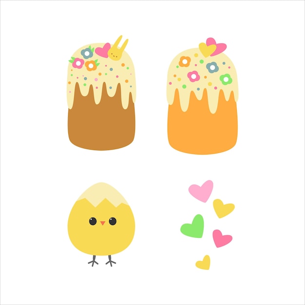 Vector feliz conjunto de pascua pollo y pastel pastel de pascua elementos de decoración de vacaciones de pascua
