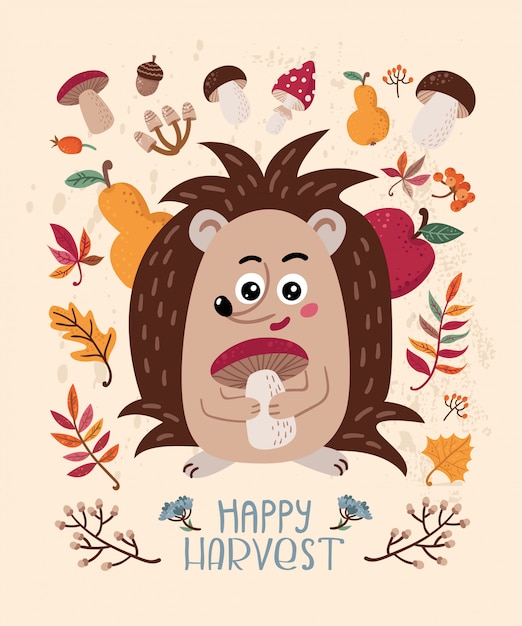 Feliz cosecha. Tarjeta de otoño con erizo y hojas