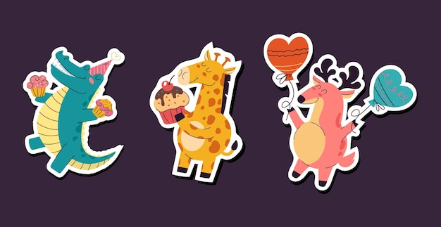 Feliz cumpleaños animal pegatinas bonitas colecciones de juegos aislados de vacaciones de dibujos animados gráficos aislados vectoriales