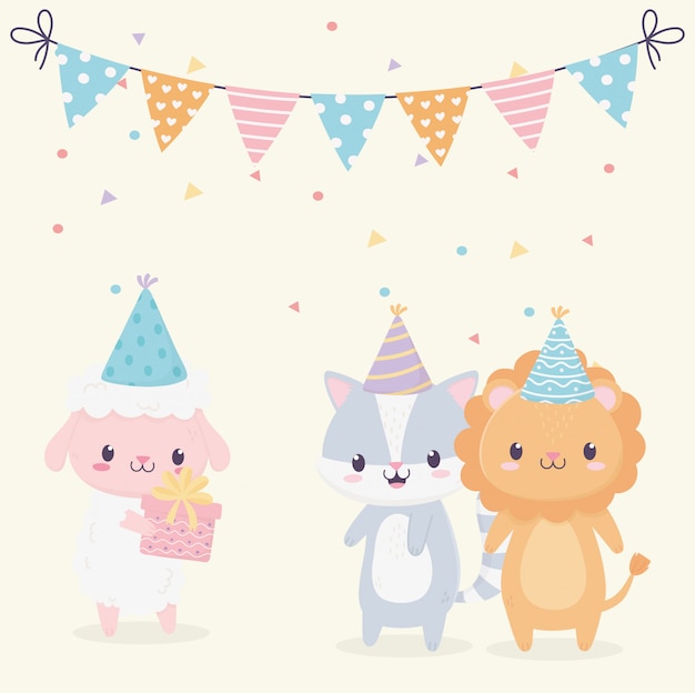 Feliz cumpleaños animales fiesta sombreros regalo confeti celebración decoración