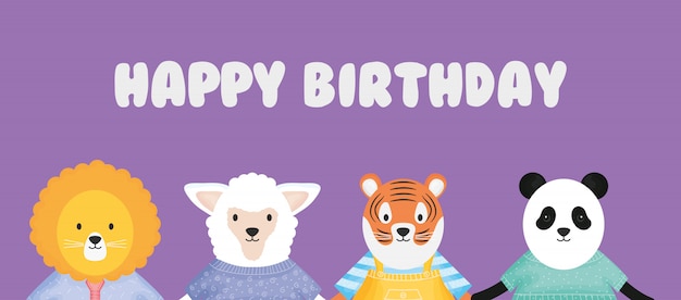 Feliz cumpleaños animales lindos con tarjeta de ropa