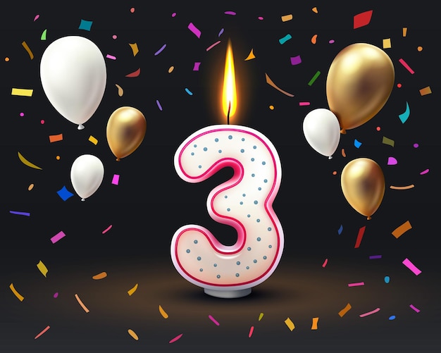 Vector feliz cumpleaños años aniversario de la persona cumpleaños, vela en forma de números tres