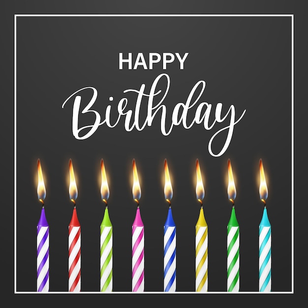 Feliz cumpleaños Banderas vectoriales Tarjeta de felicitación con parafina o cera 3D realista Quema de velas y llamas de fiesta de cumpleaños Conjunto en fondo negro Diseño de plantilla Clipart Concepto de cumpleaños