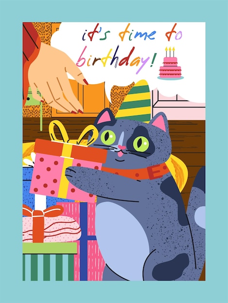 Feliz cumpleaños banner gato en sombrero con cajas de regalos presentes y elemento de diseño sorpresa para el saludo