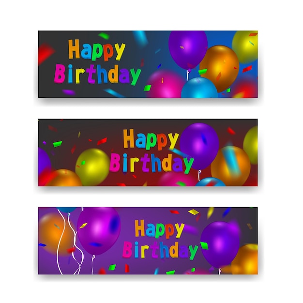 Vector feliz cumpleaños banners conjunto de banners con coloridos globos realistas ilustración vectorial