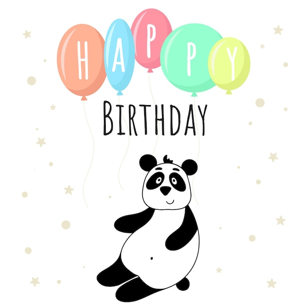 Feliz cumpleaños bebé tarjeta felicitación para niño plantilla lindo panda con globos e inscripción