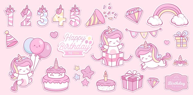 Feliz cumpleaños bebé unicornio con elementos mágicos tarjeta kawaii set colección
