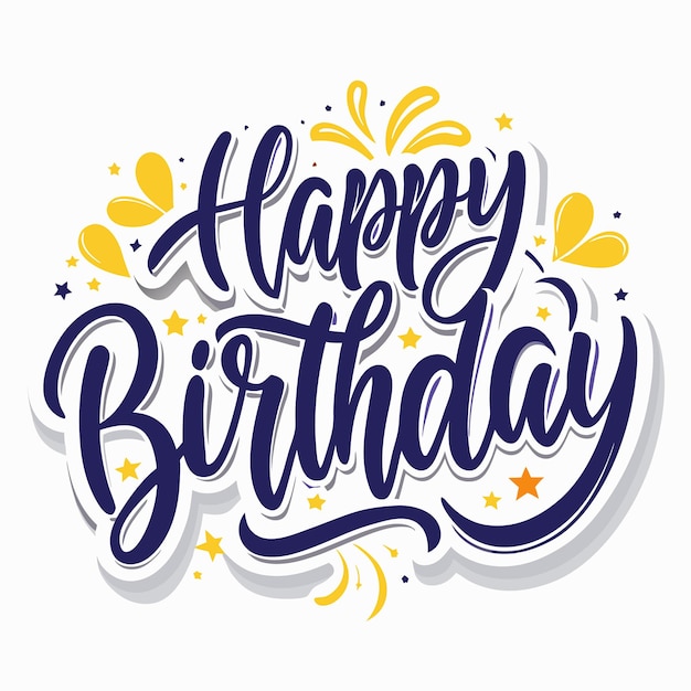 Feliz cumpleaños caligrafía texto con estrellas y confeti