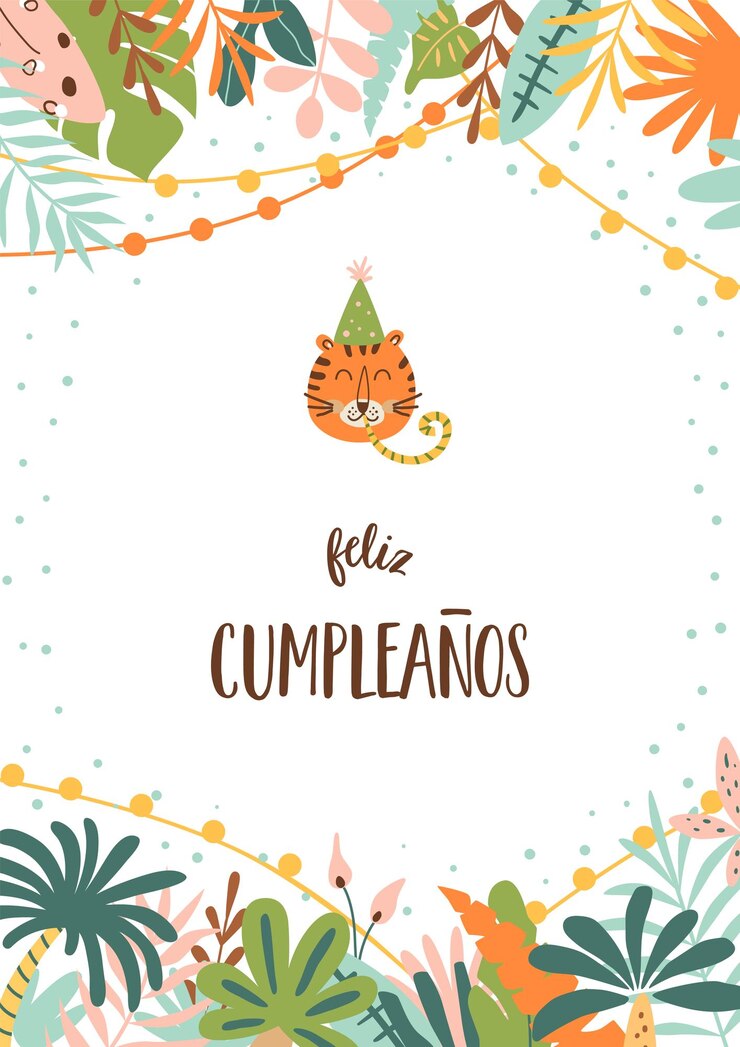 Vector feliz cumpleanos cartel de cumpleaños de la selva feliz cumpleanos significa feliz cumpleaños en español hojas tropicales y tigre