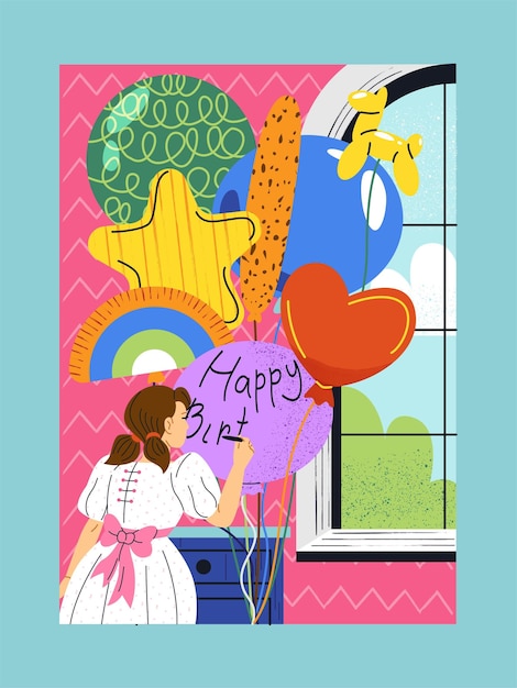 Feliz cumpleaños chica bandera en casa con coloridos globos decoración de la casa o apartamento para