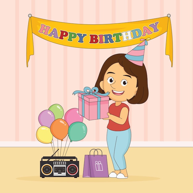 Feliz cumpleaños chica con elementos clipart vector