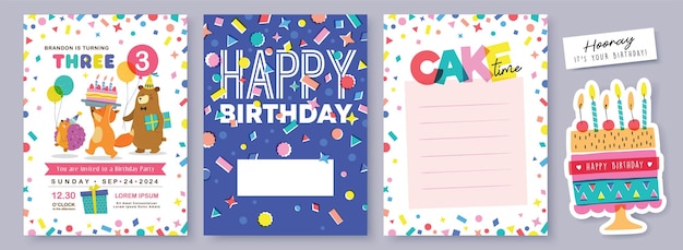 Feliz cumpleaños colección con lindo pequeño erizo zorro oso globos pasteles y coloridos confeti fiesta de cumpleaños ilustración vectorial para tarjeta de felicitación invitación póster pegatina etiqueta de regalo