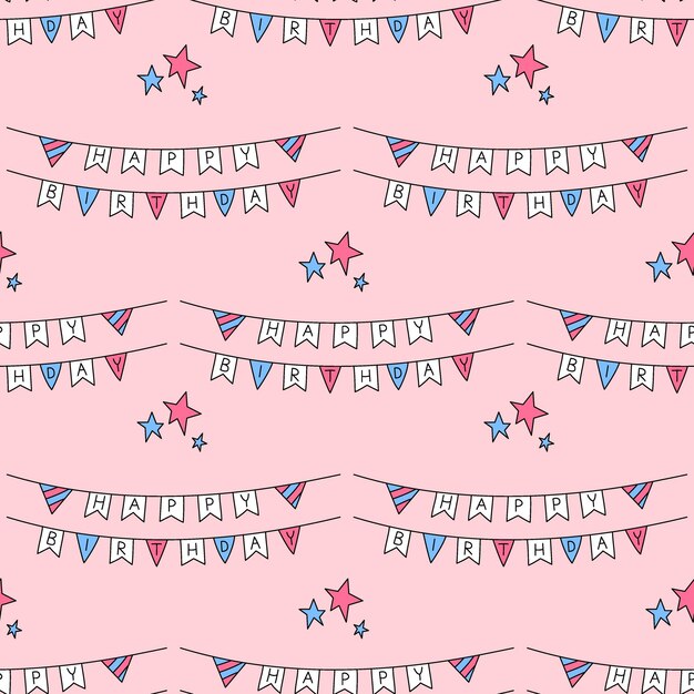 Feliz cumpleaños colorido patrón Vector fondo rosa transparente con bday divertido garabato banderas garland dibujado a mano repetir ilustración