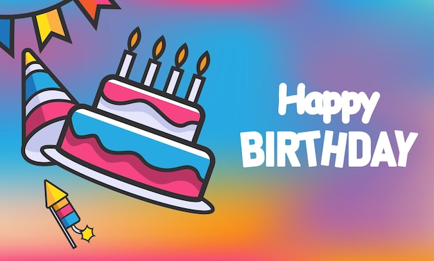 Feliz cumpleaños con colorido sombrero de fiesta y pastel