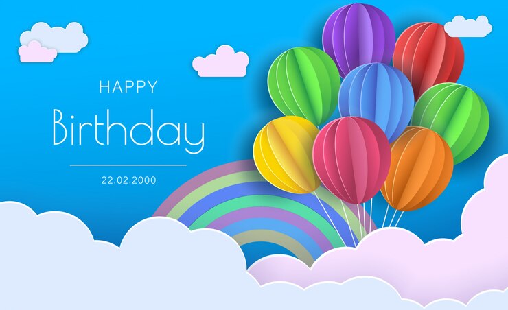 Feliz cumpleaños, concept. Globos en las nubes. Arte de papel y artesanía