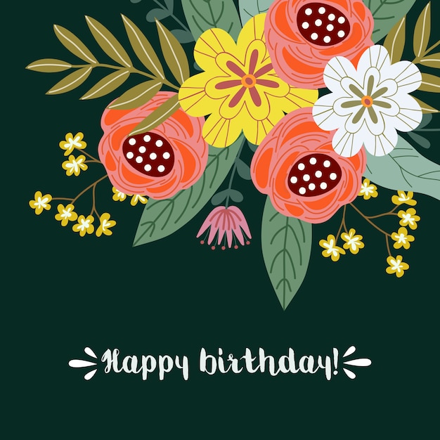 Feliz cumpleaños, concepto de diseño de sorteo de mano floral, ramo de flores con texto, vector