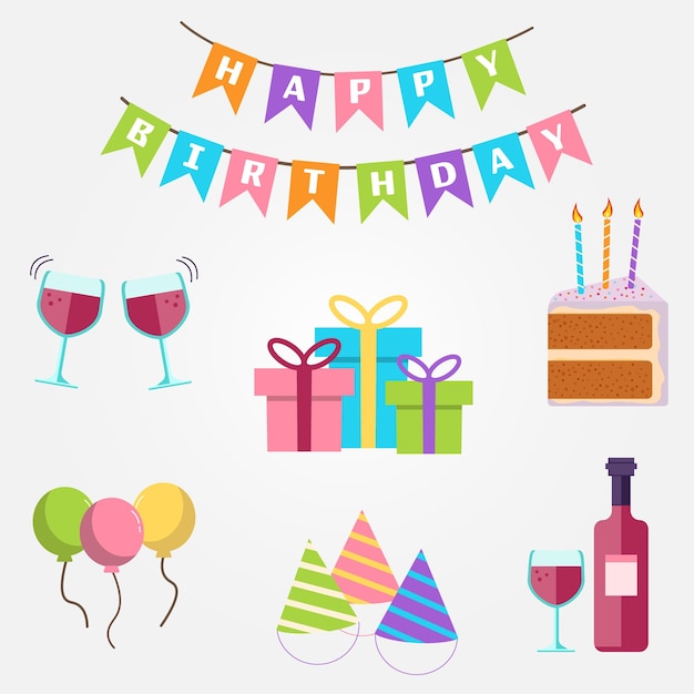 Feliz cumpleaños Conjunto de elementos de cumpleaños con pastel, velas, globos de vino y regalos.