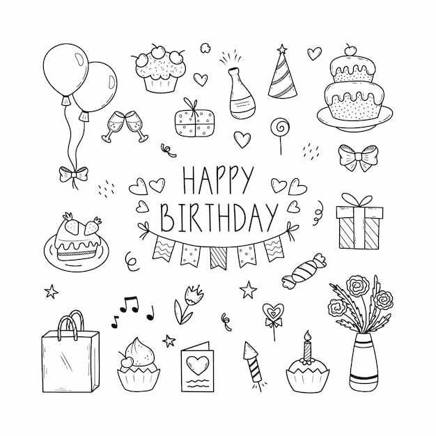 Feliz cumpleaños Conjunto de ilustraciones para decoración postal Icono de Doodle Colección festiva con elementos