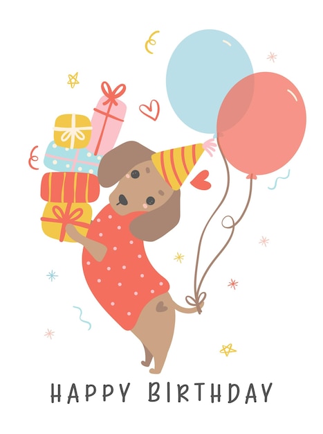 Feliz cumpleaños Dachshund cachorro con globo y cajas de regalos pila lindo Kawaii Animales de dibujos animados Ilustración