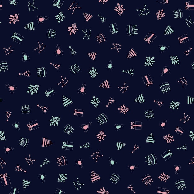 Feliz cumpleaños dibujos a mano alzada patrón saeamless Elementos de cumpleaños dibujados a mano vector fondo Baloon pastel regalo fuegos artificiales