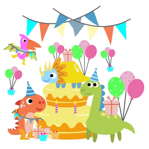 Vector feliz cumpleaños dinosaurio pastel de fiesta feliz dino clipart