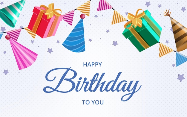 Feliz cumpleaños diseño de fondo vectorial feliz cumpleaños a usted texto con sombreros tarjetas de regalo y estrellas
