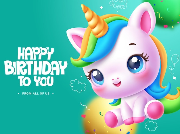 Feliz cumpleaños diseño vectorial de felicitación de cumpleaños texto de felicitación con lindo personaje de unicornio