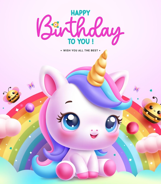 Feliz cumpleaños diseño vectorial de personajes de unicornio Texto de felicitación de cumpleaños con un personaje de Unicornio lindo