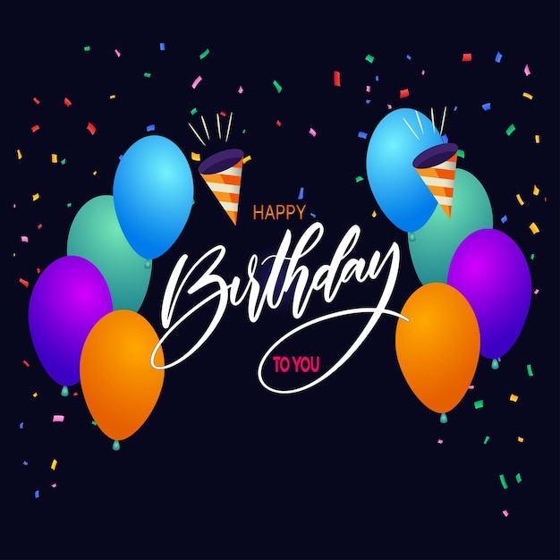 Feliz cumpleaños diseño vectorial de tipografía para tarjetas de felicitación y cartel con confeti de globo y gif