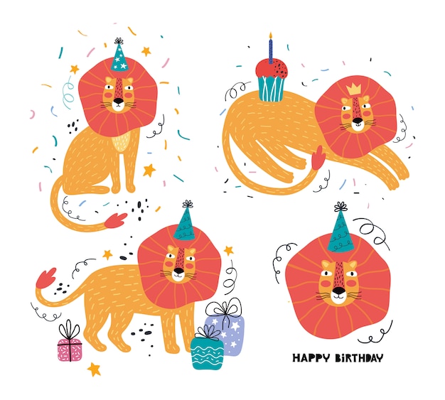 Feliz cumpleaños divertido león dibujado a mano conjunto. fiesta de animales salvajes. lindo personaje animal de vacaciones. decoración festiva, regalos, gorra, pastel. plantilla de tarjeta de felicitación con tipografía. ilustración plana